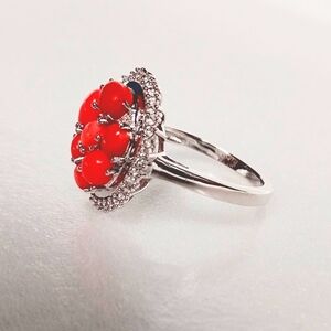 Gorgeous Peach Opal and White Zircon Blooming Ring in Platinum Bond 1.85 ctw